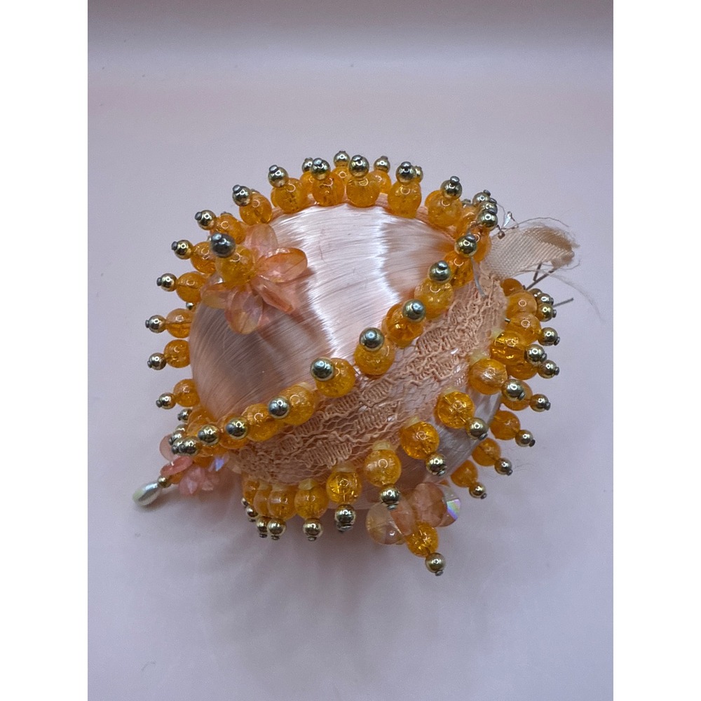 Vintage Handmade Beaded Push Pin Christmas Ornament Peach Satin Pearl - Picture 11 of 12